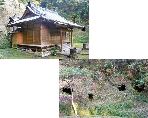 左：南条八幡神社　社殿　右：東山横穴墓群