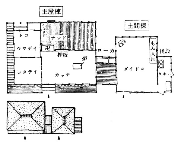  安房の別棟型の平面と屋根伏　江戸時代末期 