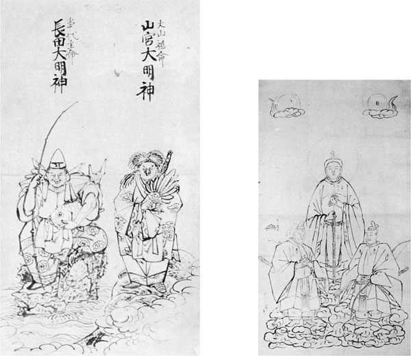 左：56．山調画「山宮大明神・長田大明神図」　現在の東長田山宮神社の両祭神を描いている 右：57．山調画「三者神影図」